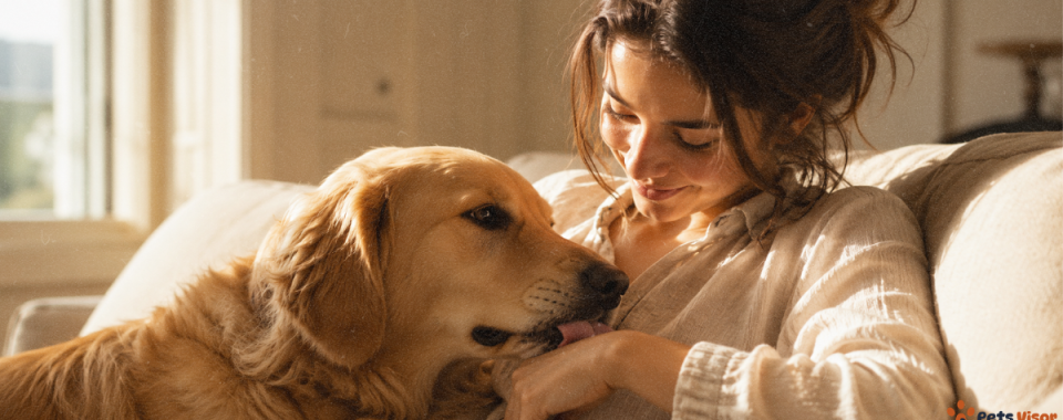 why does my dog lick me — golden retriever licking woman's hand with warm soft expression