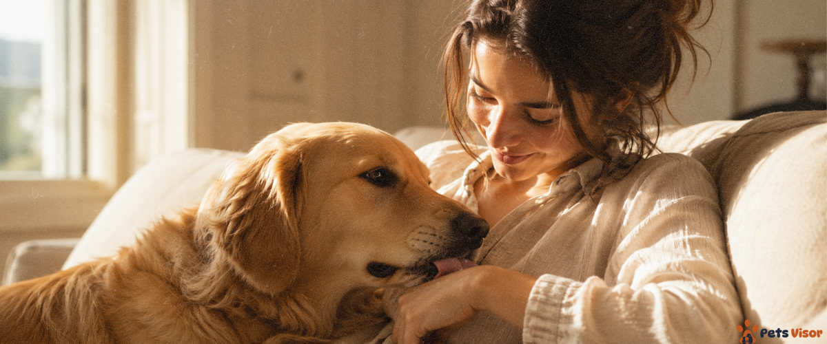 why does my dog lick me — golden retriever licking woman's hand with warm soft expression