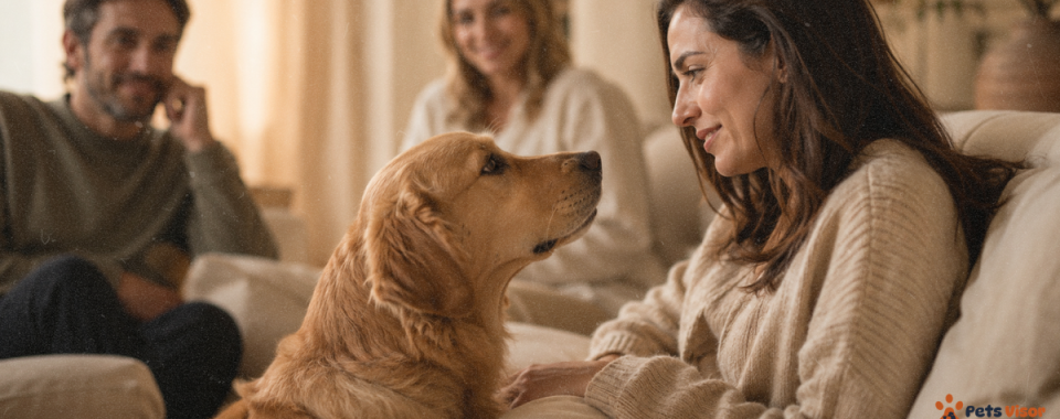 how dogs choose their favorite person — golden retriever gazing adoringly at one woman in a group setting