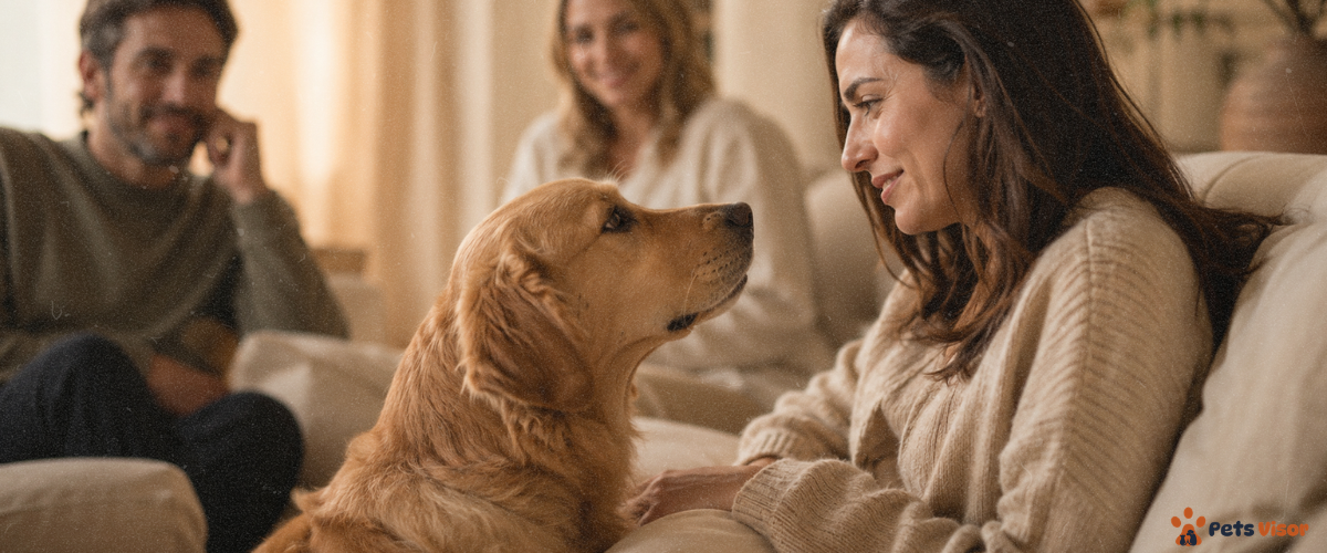 how dogs choose their favorite person — golden retriever gazing adoringly at one woman in a group setting