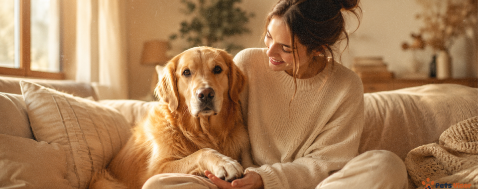 dog puts paw on you — golden retriever gently placing paw on woman's hand with soft loving expression