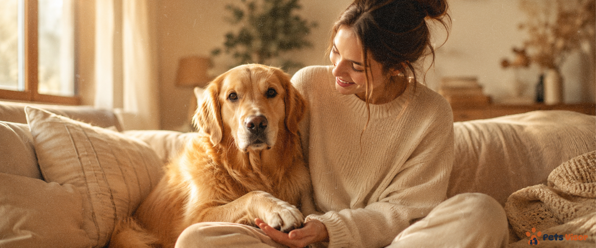 dog puts paw on you — golden retriever gently placing paw on woman's hand with soft loving expression