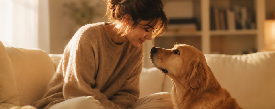 signs your dog considers you their parent — golden retriever gazing up at woman with soft loving eyes