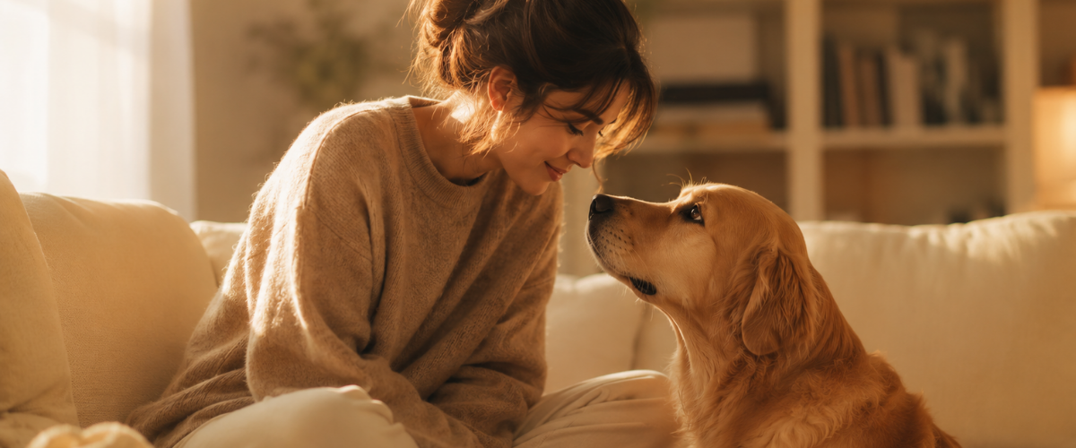 signs your dog considers you their parent — golden retriever gazing up at woman with soft loving eyes
