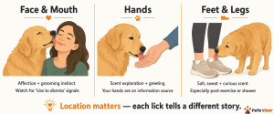 diagram showing what it means when a dog licks your face hands or feet — dog licking body parts explained
