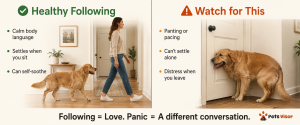 side-by-side comparison of healthy dog following behavior versus separation anxiety signs in dogs