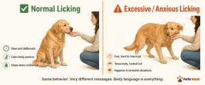 side-by-side comparison of normal dog licking versus excessive anxious licking body language signs