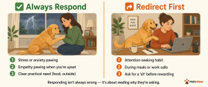 side-by-side comparison showing when to respond to dog pawing versus when to redirect the behavior