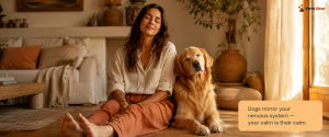golden retriever mirroring owner's calm mood while sitting together on the floor
