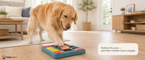 golden retriever using puzzle toy as healthy redirect instead of pawing at owner for attention