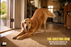 golden retriever greeting stretch when owner comes home dog body language