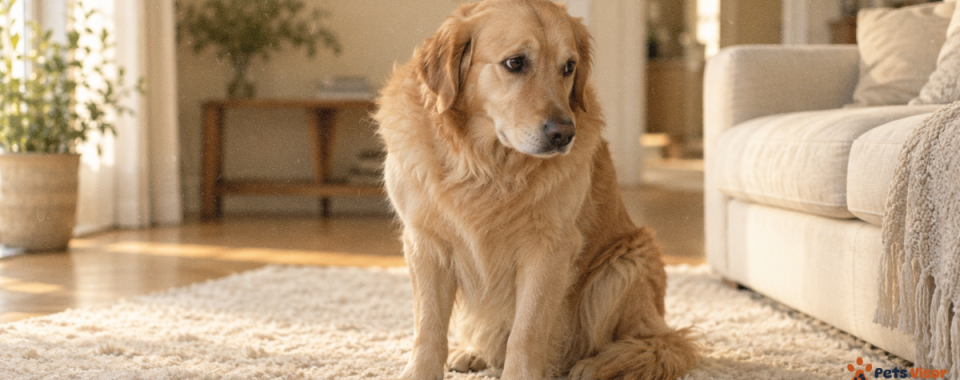 things that stress your dog — golden retriever showing subtle stress signals with tucked tail and averted eyes