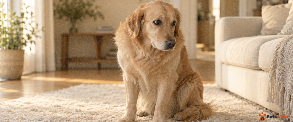 things that stress your dog — golden retriever showing subtle stress signals with tucked tail and averted eyes