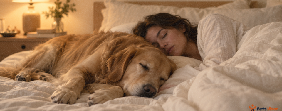 dog sleeping beside you — golden retriever resting peacefully next to woman in bed with soft warm lighting