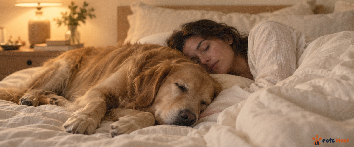 dog sleeping beside you — golden retriever resting peacefully next to woman in bed with soft warm lighting