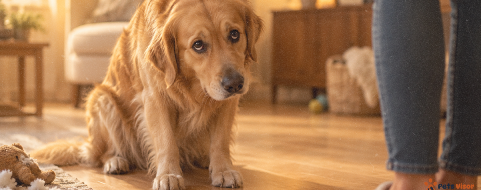 signs your dog is saying sorry — golden retriever with lowered head and soft apologetic eyes looking up at owner