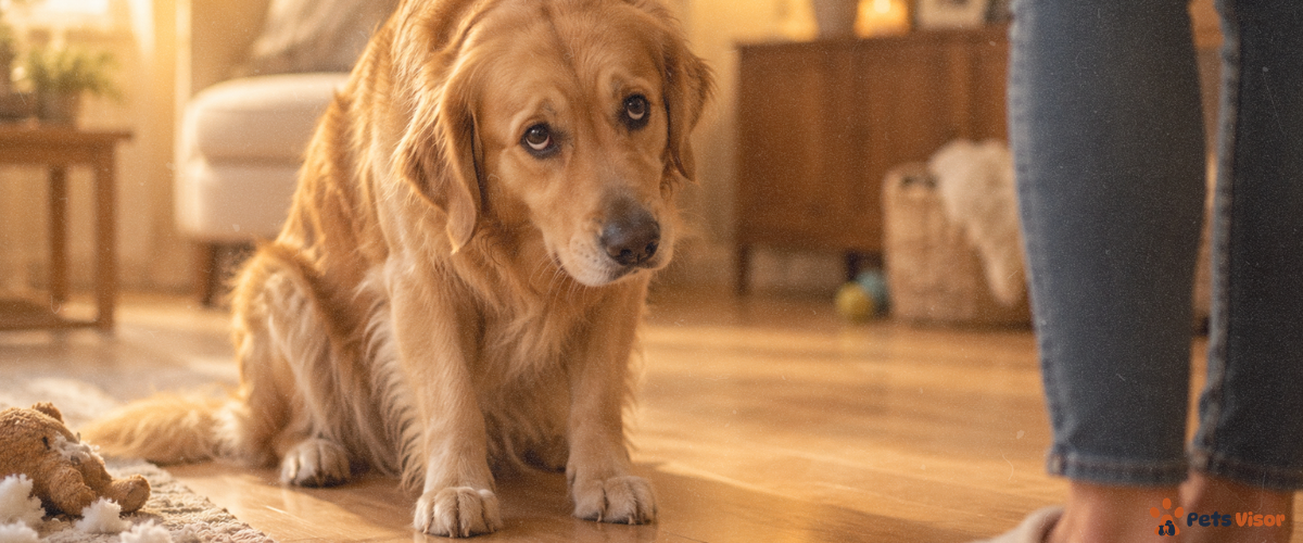 signs your dog is saying sorry — golden retriever with lowered head and soft apologetic eyes looking up at owner
