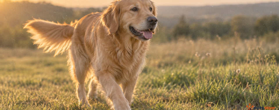 dog tail wag meaning — golden retriever with tail mid-wag showing different tail positions and what they signal
