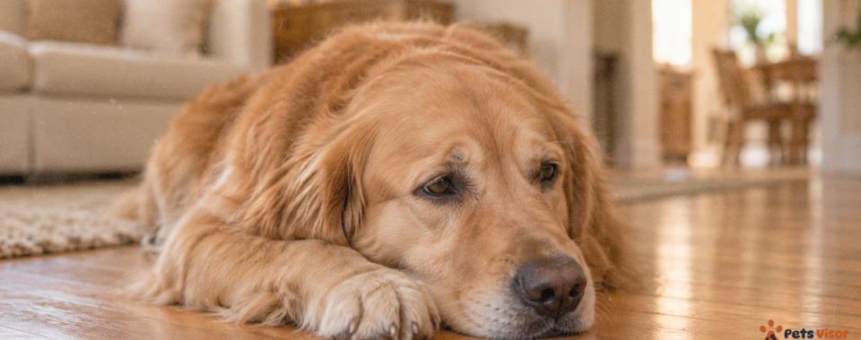 signs your dog is in pain — golden retriever with subtle worried facial expression lying quietly on floor