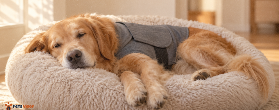 products that calm anxious dogs — golden retriever relaxing calmly with thunders Hirt on cozy dog bed