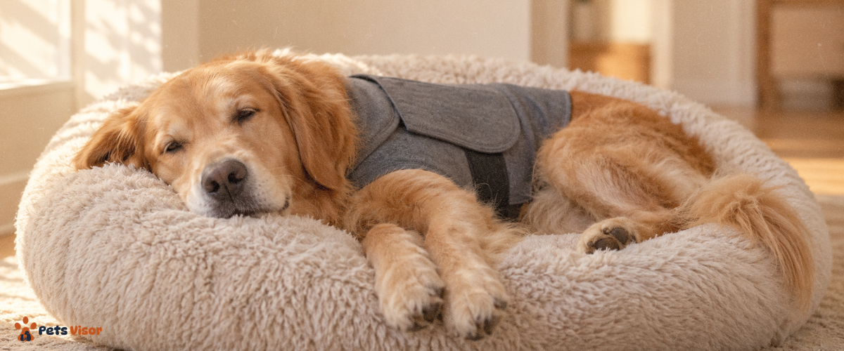 products that calm anxious dogs — golden retriever relaxing calmly with thunders Hirt on cozy dog bed