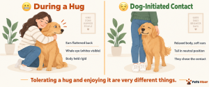 side-by-side comparison of dog body language during a hug versus dog-initiated contact showing stress difference
