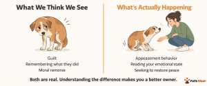 diagram comparing dog appeasement behavior versus human guilt showing what signs your dog is saying sorry really mean