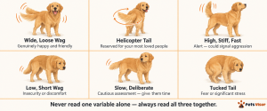 six types of dog tail wags illustrated with labels showing what each wag speed and position means