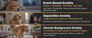 diagram matching three dog anxiety types to the right calming products for each situation