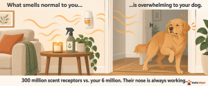 golden retriever avoiding a room with plug-in air freshener showing dog stress from household scents