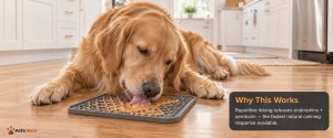 golden retriever calmly licking a frozen lick mat — anxiety relief through repetitive licking behavior