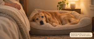 golden retriever settling on dog bed placed beside owner's bed as healthy transition from co-sleeping