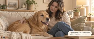 golden retriever receiving calm reassurance from owner after showing apologetic body language