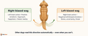 diagram showing right versus left tail wag bias and what brain hemisphere each direction signals in dogs