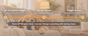 timing chart showing when to give dog calming chews before anxiety triggers for best results