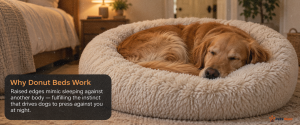 golden retriever sleeping deeply curled in donut calming bed — best calming bed for anxious dogs
