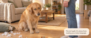 golden retriever showing guilty look stress response to owner's body language not actual guilt