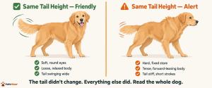 side-by-side comparison of same tail position with relaxed versus tense body language showing different dog meanings